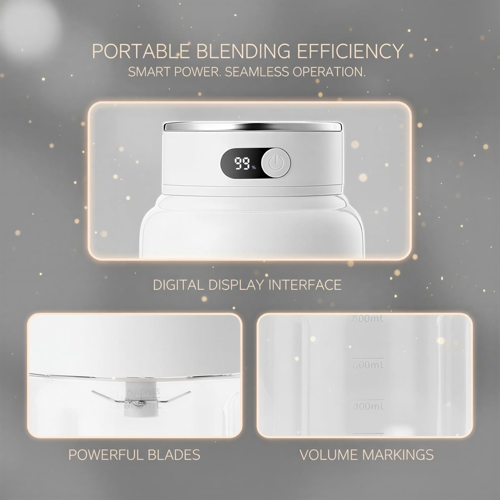 Batidora portátil de 765.4 g, licuadora personal de 80 W con pantalla LED, procesador de alimentos de viaje de acero de 50 paletas, doble tapa, batería de 2600 mAh, recargable por USB para deportes