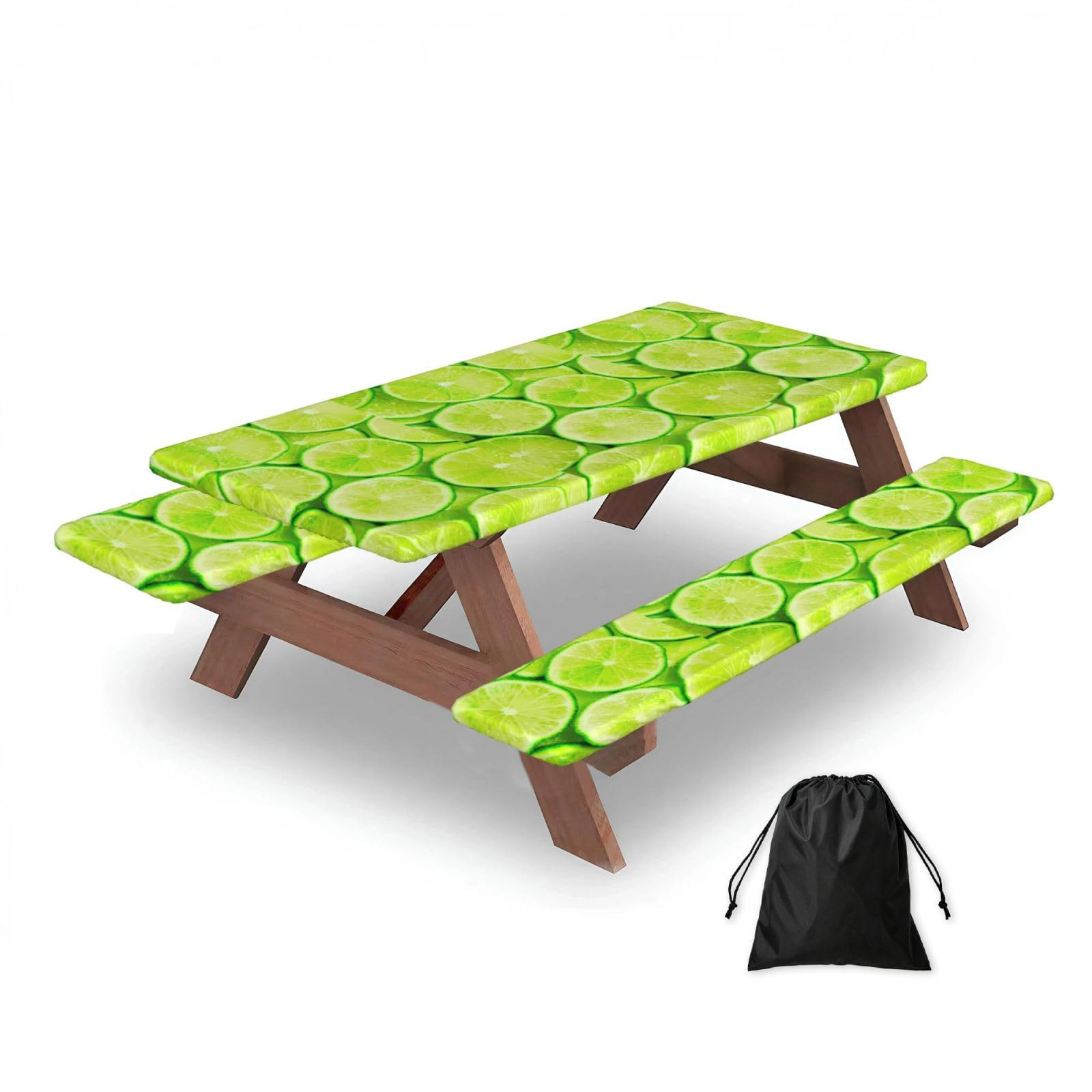 Dopklna As Picture Green Lemon, Picnic Table Cover With Bench Covers -Waterproof Elastic Fitted Tablecloth For Garden Camping Patio 76X152cm