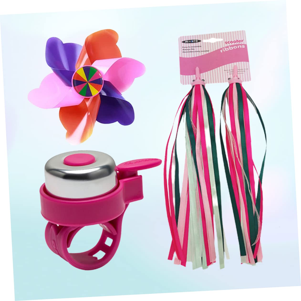BCOATH 3Pcs Pink Bike Accessories Set for Handlebar Streamers Bell and Windmill Fun Scooter Decorations for Boys and Tassels for Unique Cruiser Bikes
