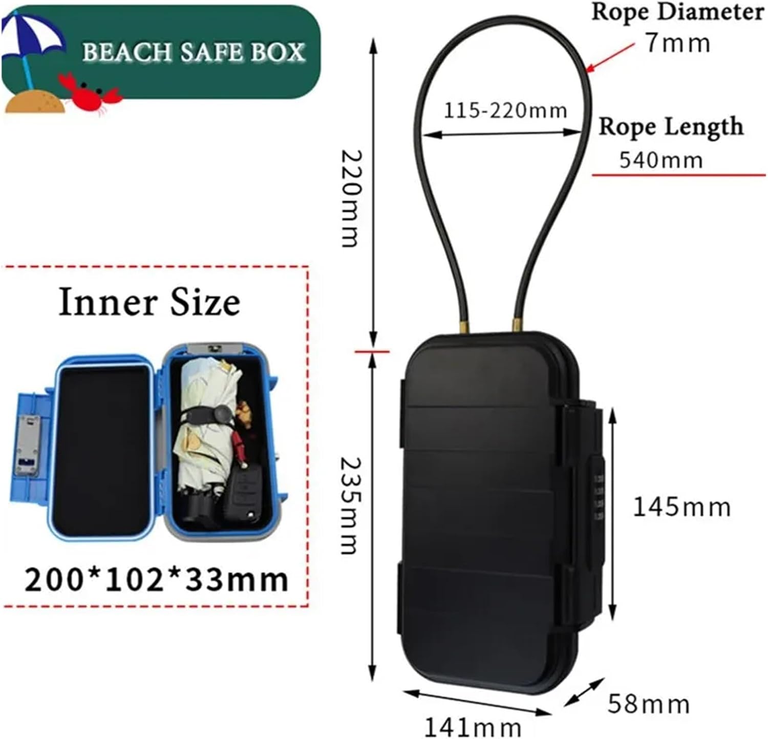 ポータブル収納ボックス クリエイティブ ビーチセーフボックス 4桁コンビネーションロック スチールワイヤー付き アウトドア キャンプ