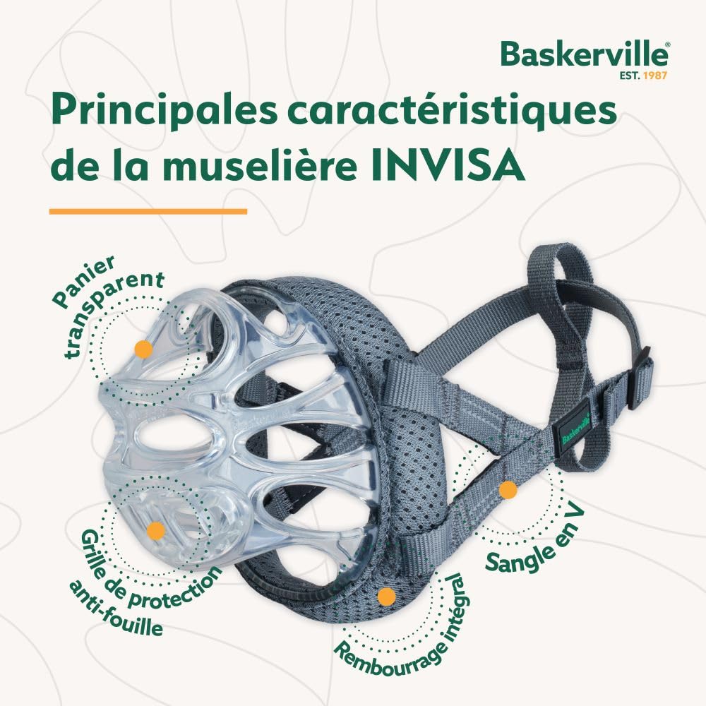 MUSELIÈRE BASKERVILLE INVISA, sûre, respectueuse du chien qui peut haleter et boire, réglable, matelassée, éducation des chiens moyens, anti-morsure, anti-fouille (Taille 4)