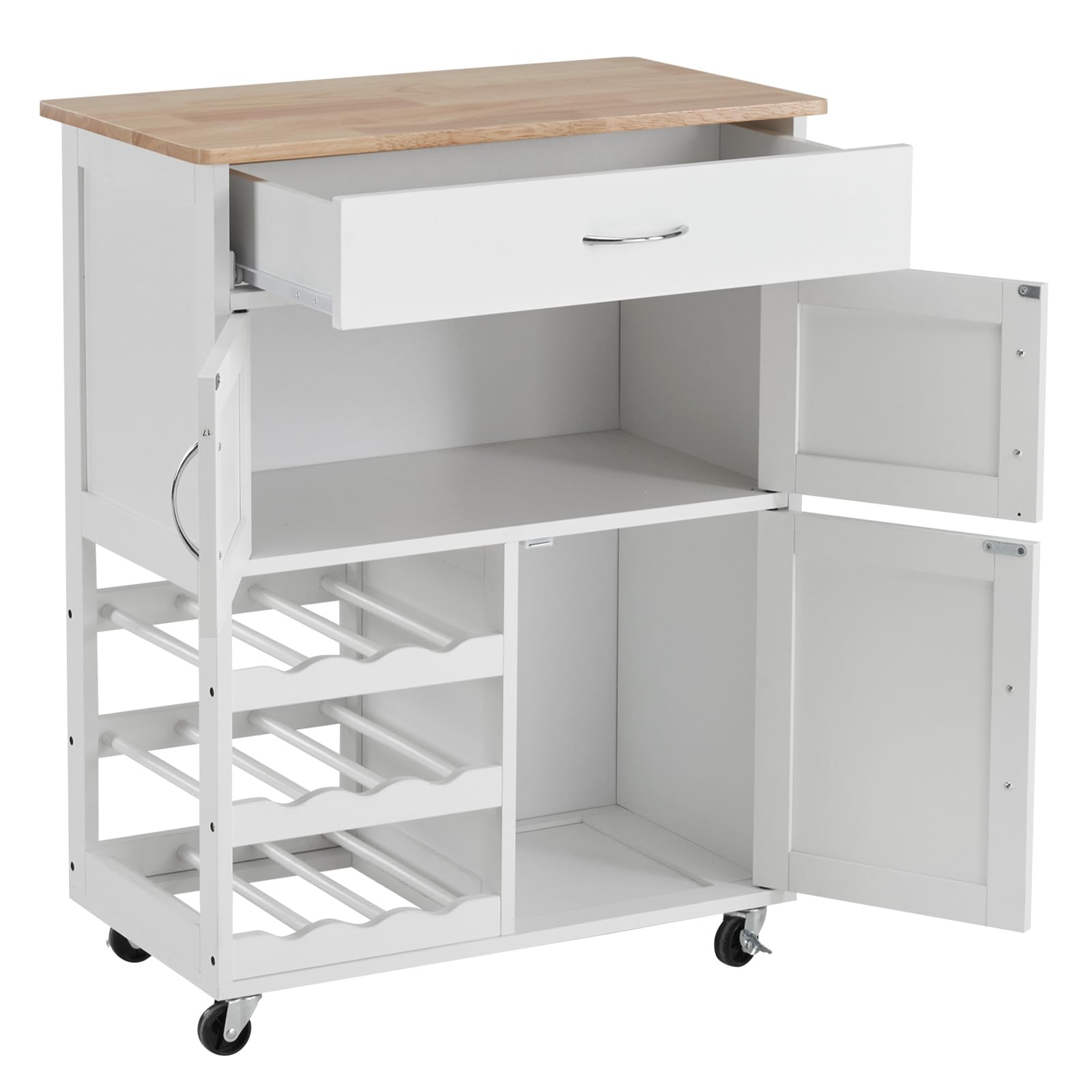 Bonnlo Carro de Cocina con Ruedas, Carrito de Cocina con Cajón, Botellero y Estantes, Mueble de Cocina con Superficie de Madera, 67 x 38 x 87 cm, Blanco