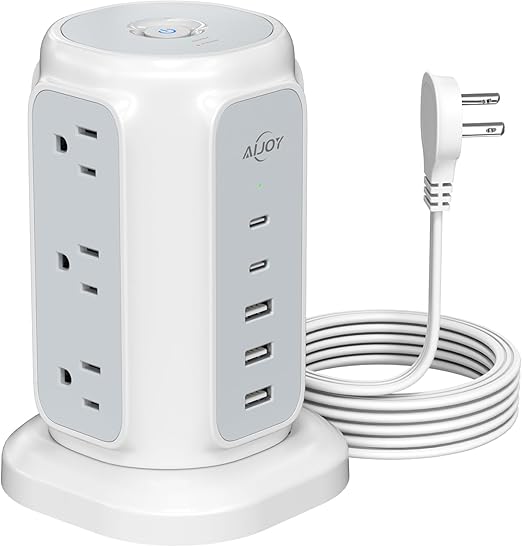 AiJoy Flat Plug Power Strip Tower with 9 Outlets and 5 USB Ports (2 USB-C), 1200J Surge Protection, 1625W Extension Cord with Multiple Outlets Charging Station for Home Dorm Office Supplies