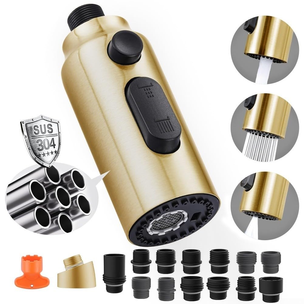 Edelstahl-Sprühkopf mit 14 Adaptern (gebürstetes Gold) | Rostfreier 304 Stahl, 3 Sprühmodi, Stream/Spray/Sweep, Küchen-Upgrade, einfache Installation