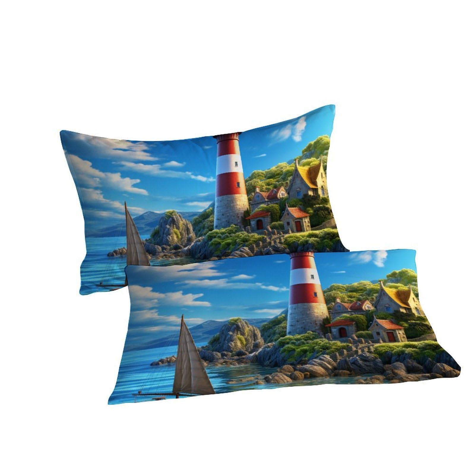Faro della spiaggiade Ropa De Cama 3D Niños 3 Piezas Microfibra 2 Funda De Almohada CremalleraSuper King（260x220cm）