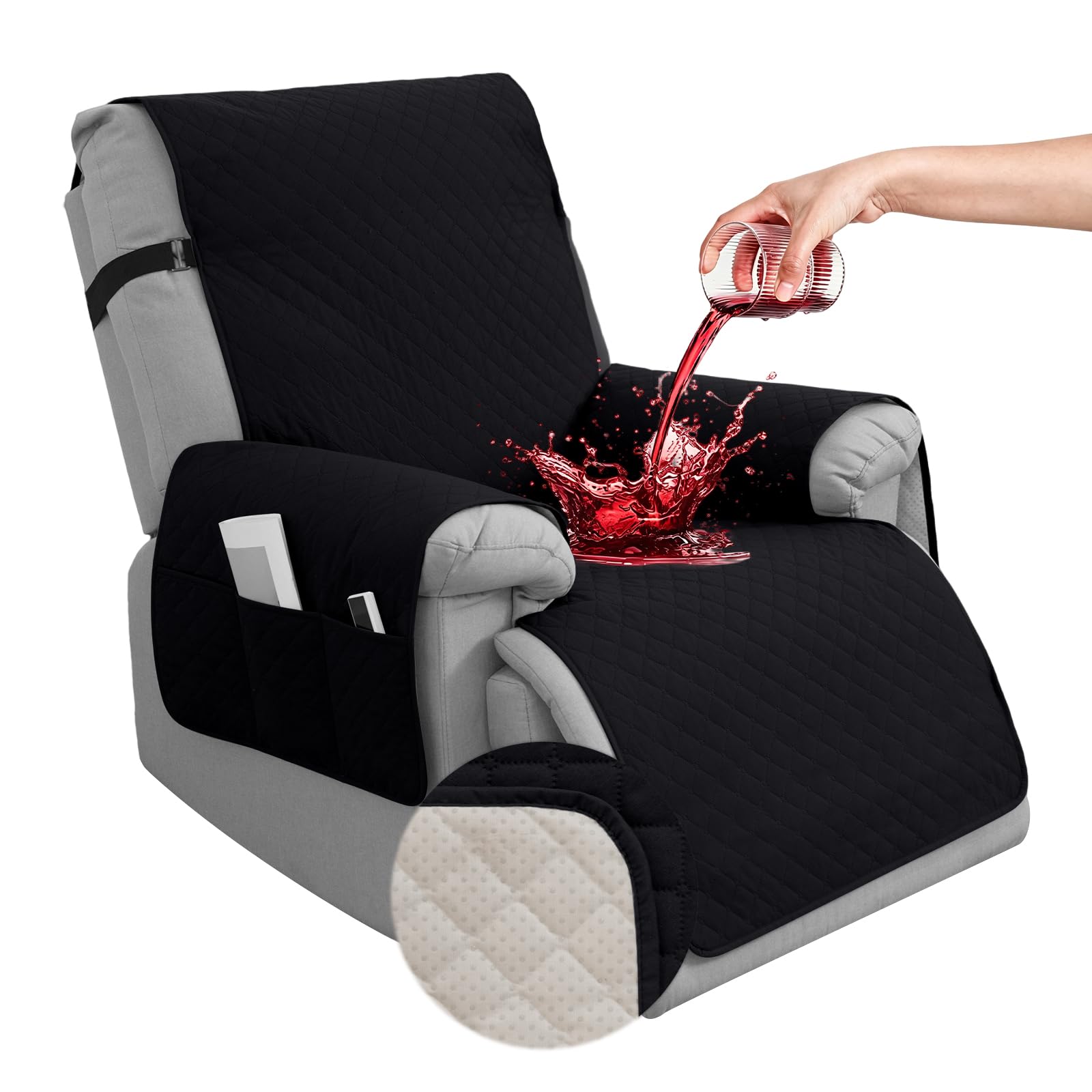 Hiiksolo Waterproof Recliner Chair Cover, Non-Slip Recliner Covers with Side Pockets, Washable Furniture Protector for Reclining Chair, Soft Velvet Slipcover for Pets Kids 1 Seater 23.6" Black