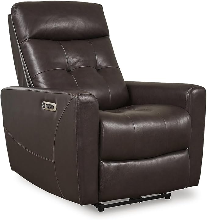 Signature Design by Ashley Pisgham Contemporary Tufted Leather Match Power Recliner with Adjustable Headrest and USB Ports, Dark Brown
