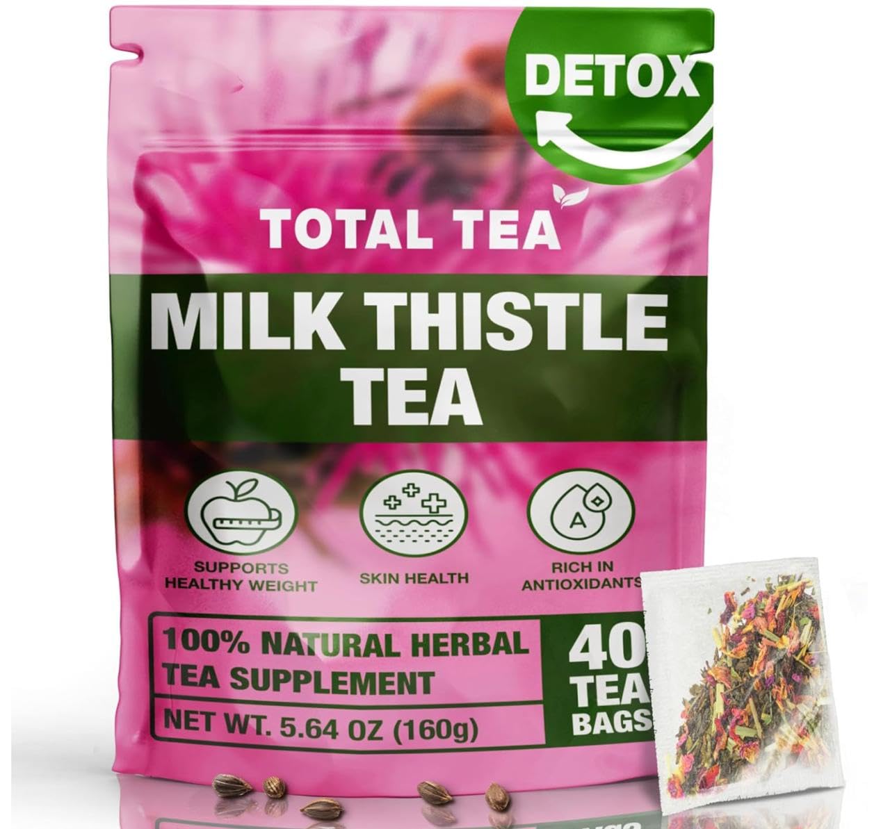 Total Tea 100% Natural Milk Thistle Seeds Tea for Liver Cleanse, Fruit Tea, Digestive Health and Immune System Support - 40 Count