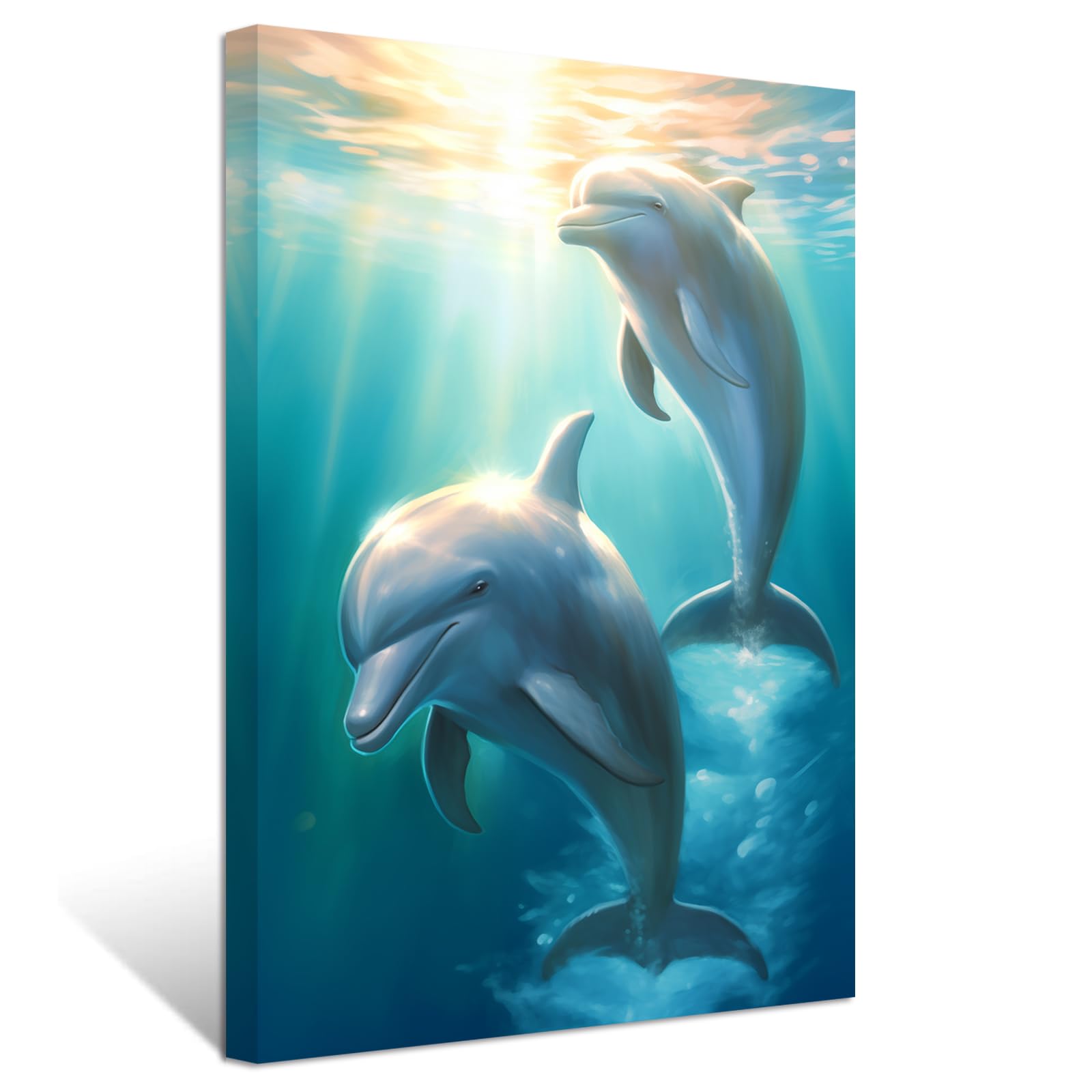 ZXHYWYM Dolphin Canvas Wall Art Jumping Dolphin Picture Prints Blue Sea Animal Bathroom Artwork Wall Decor for Kids Room Nursery Framed(2, (12.00" x 18.00"))
