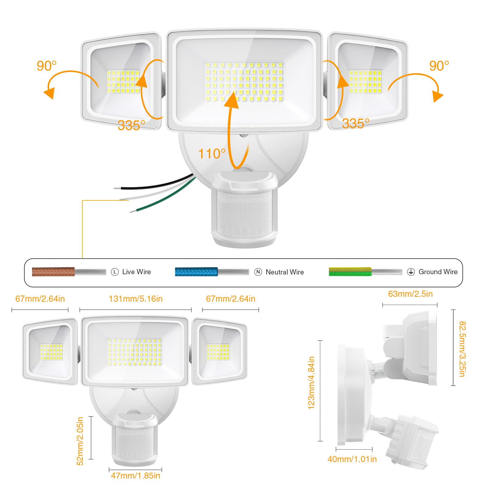 Onforu 55W Foco de Seguridad con Sensor de Movimiento, 3 Cabezas 5000 LM Foco Exterior LED, IP65 Impermeable Proyector Foco LED con Detector, 6500 K Blanco Frío para Jardín, Patio, Garaje, Entrada