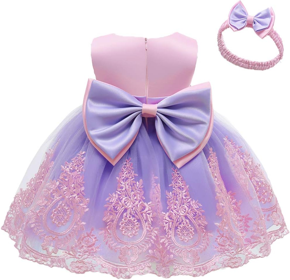 NSSMWTTC3M-6T Toddler Girls Lace Bowknot Dresses Baby Embroidery Gown Dress with Headwear