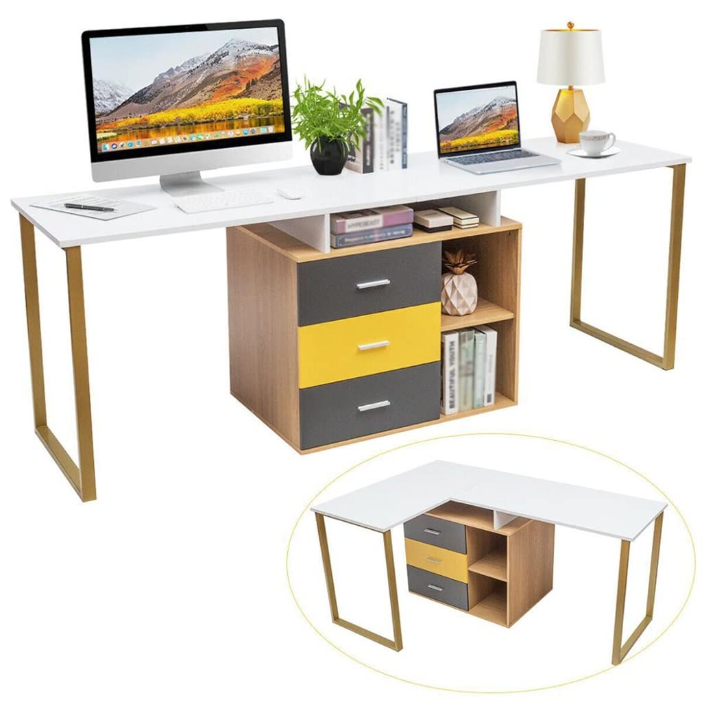 87 Inch Computer Desk for Two Person Adjustable L Shape Desk with Shelves and Drawers Desk