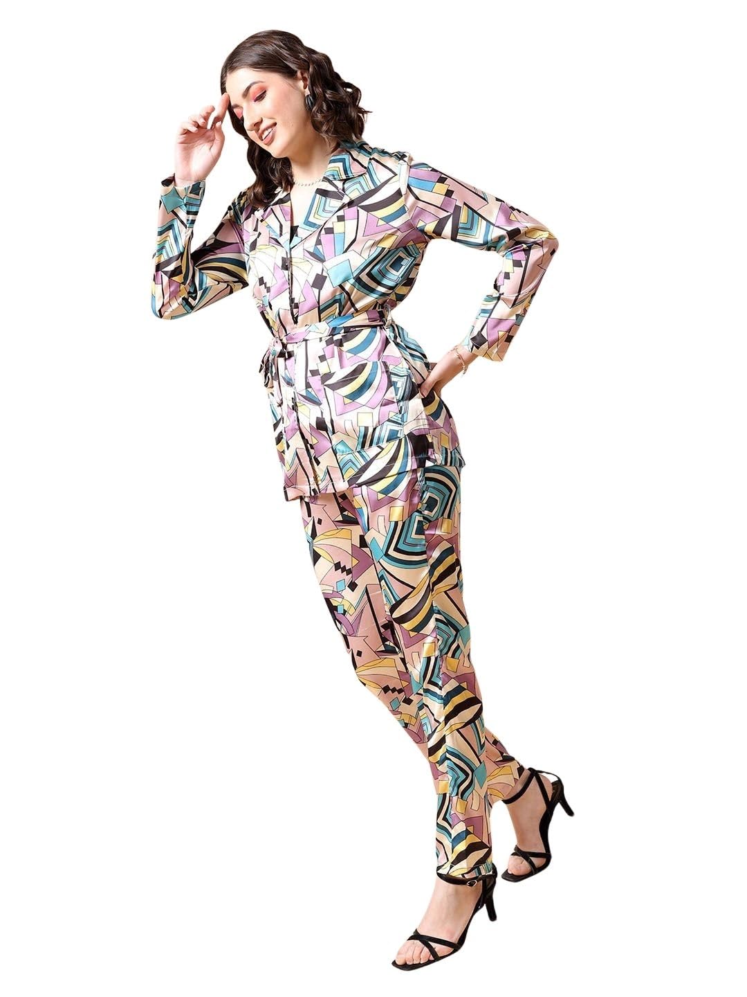 freehand Women Multicolor Abstract Print Blazer and Tapered Trousers Co-Ords Set (Multicolor_M)-picture-19