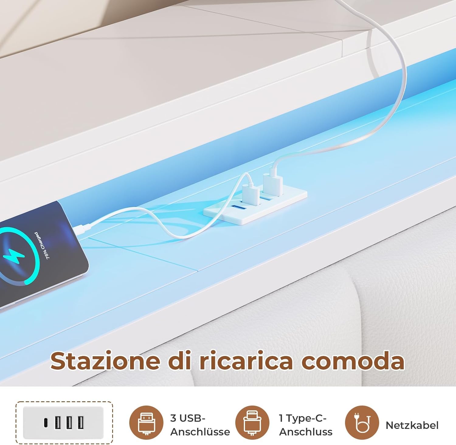AOGLLATI Cama 140 x 190 cm con Iluminación LED y Estación de Carga, Camas Matrimoniales con Cabecero Tapizado en PU, Cama Matrimonio con Espacio de Almacenamiento, Diseño Visual Flotante, Blanco
