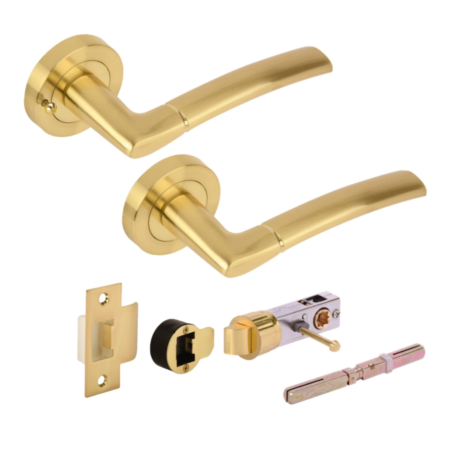 Hunta HANDLEZONE® Neemo Privacy Lever On Round Rose Door Handles, with Bullet Privacy Latch, for Bathroom, Toilet, WC Doors, 1 Set - Brushed Brass — image 1