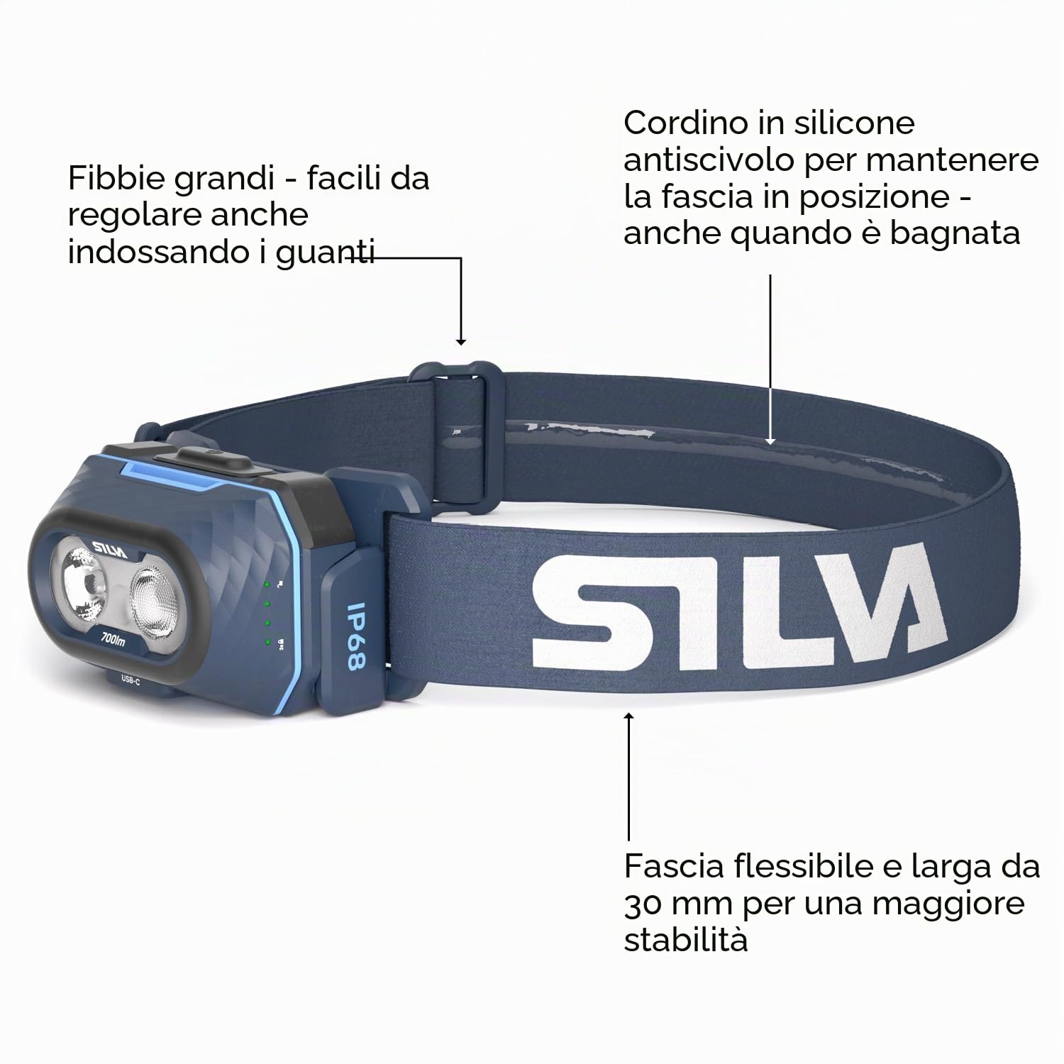 Silva Lampada Frontale a LED Ricaricabile USB C - Explore 5 - 700 Lumen Luce Rossa - 4 Livelli Di Luminosità - LED Bianca, Arancione e Rosso - Indicatore Batteria