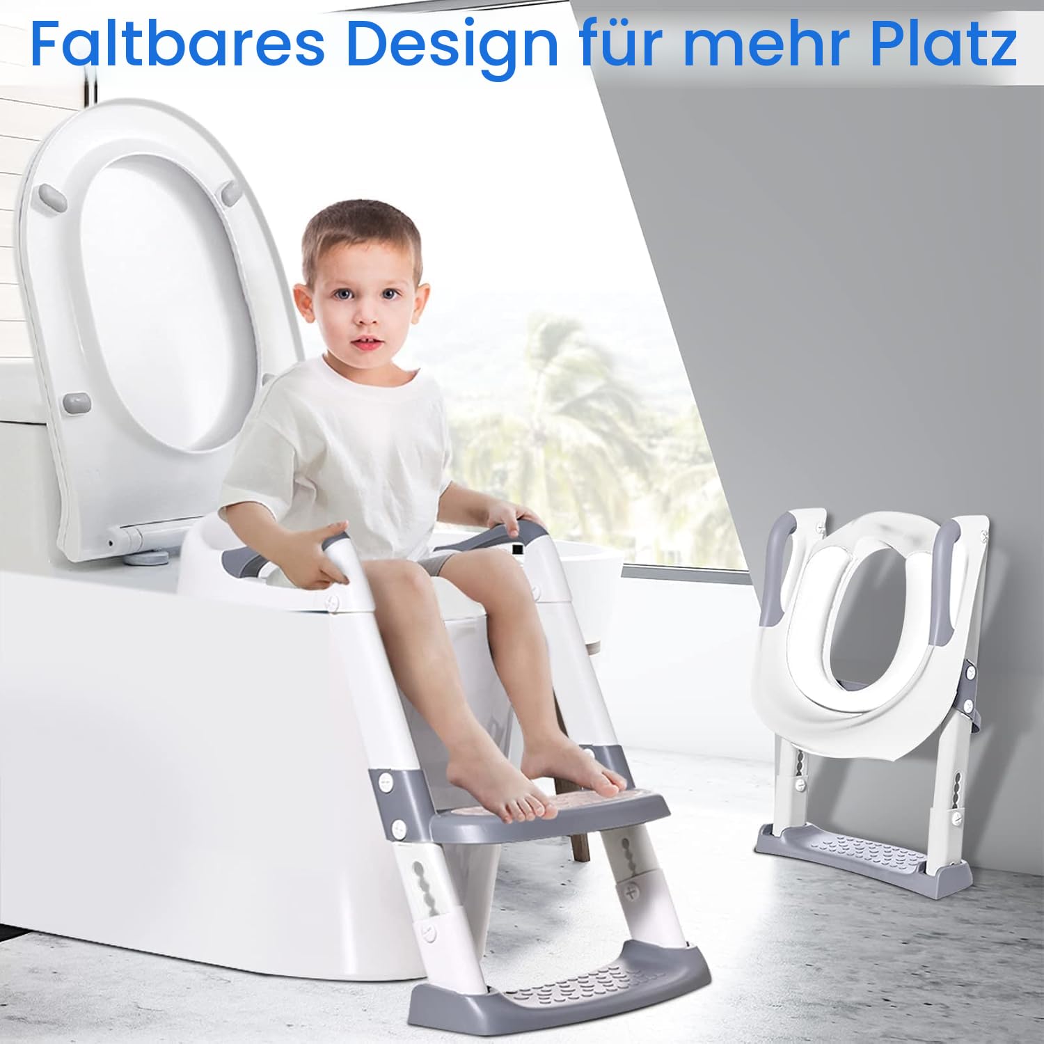 Töpfchen Toilettensitz Baby mit Treppe: Kinder WC Sitz Toilette Toilettentrainer für Kleinkinder Jungen und Mädchen - Höhenverstellbar und Klappbar Reise-Badezimmersitz mit Spritzschutz Griffe | Weiß