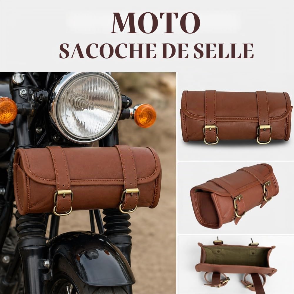 Sac à Outils Moto en Cuir de chèvre Authentique 25 cm, Vintage, avec 2 Sangles et Fermeture à Boucle à dégagement Rapide renforcée pour Guidon/Fourche/Sissy Bar, idée Cadeau de Noël/Nouvel an, Marron