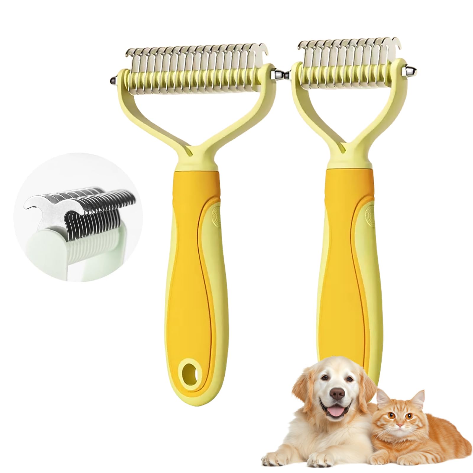 Pet Pro Grooming Tool, Double-Sided Deshedding Pet Grooming Brush, Professional Dematting Comb for Dog and Cat for Long Haired Cat Dogs Removing Loose Undercoat Tangles Mats (Yellow,L+S)