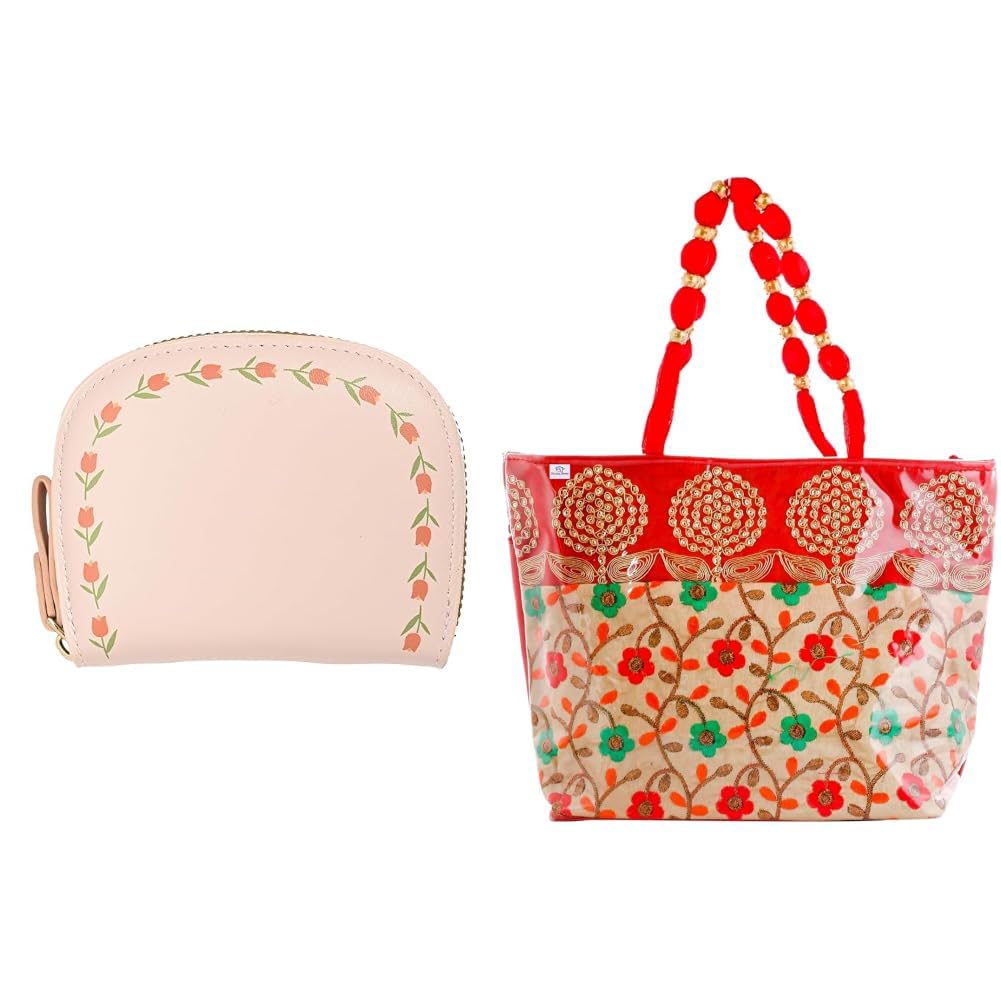 Floral Vine Print PU Batua Purse with Cash & Coin Pocket for Women | Portable Cute Mini + Laminated Embroidery Hand Bag, Tote Bag, Purse for All Occasion for Women & Girls (Red)-image-34