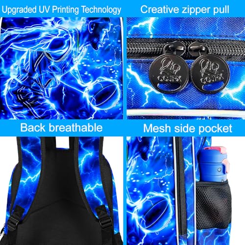Image of 3Pcs Basketball Backpack for School, Kids Boys Lightning Bookbag with Lunch Box, 17 inch Backpacks for Elementary Preschool Kindergarten (Blue)