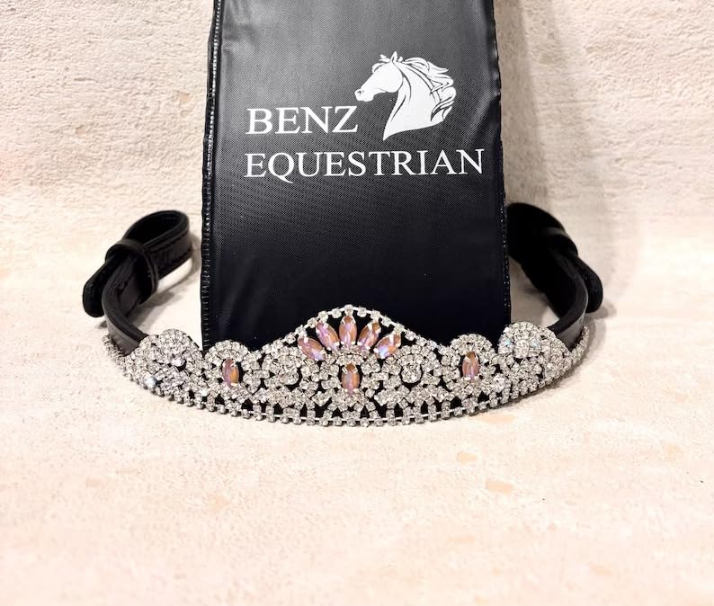 BENZ EQUESTRIAN Peach Pink Crystal Tiara Horse Browband in Black Leather (Cob/Medium , Black)