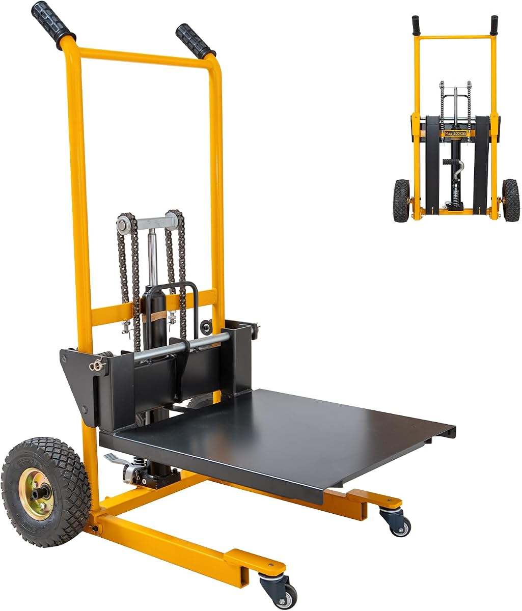 MMS Foldable Hydraulic Material Lift Winch Stacker, 450 Lbs 35.8" Max Lift w/ 9" Wheels 360° Swivel Casters, Pallet Truck Dolly, Fork Lift Table Cart, Pallet Jack, Removable Platform, Adjustable Forks