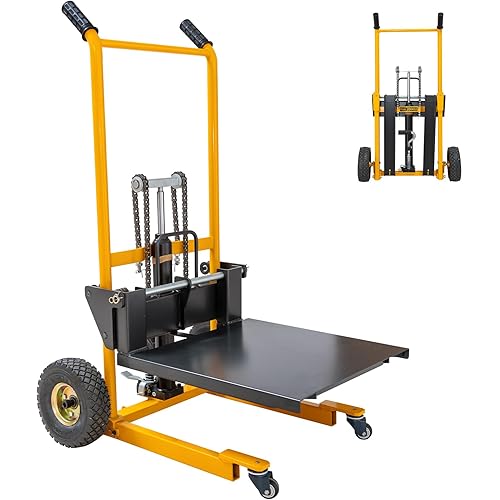 MMS Foldable Hydraulic Material Lift Winch Stacker, 450 Lbs 35.8" Max Lift w/ 9" Wheels 360° Swivel Casters, Pallet Truck Dolly, Fork Lift Table Cart, Pallet Jack, Removable Platform, Adjustable Forks
