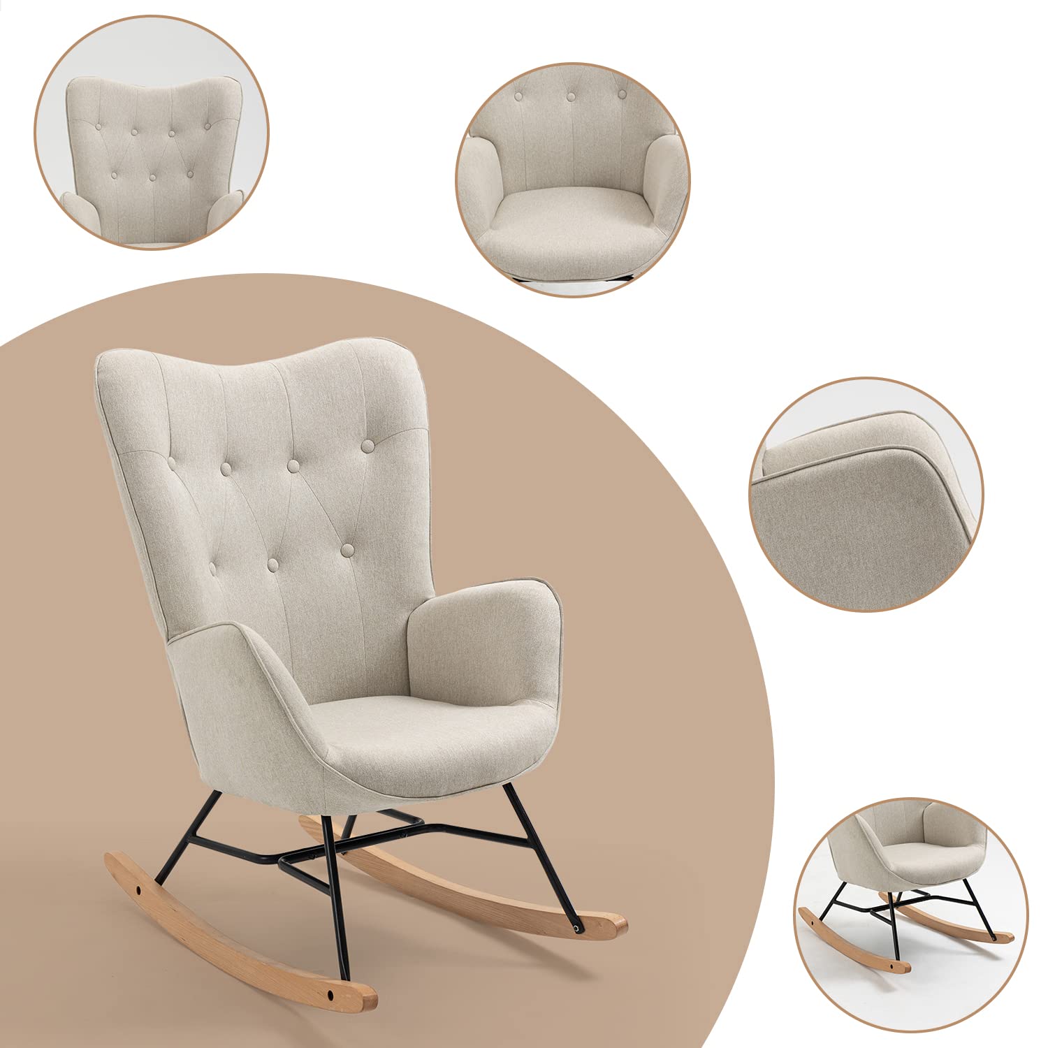 MEUBLE COSY Fauteuil à Bascule de Jardin, Chaise de Détente pour Terrasse et Balcon Couverts, Design Scandinave avec Pieds Bois et Métal, Tissu Non Imperméable