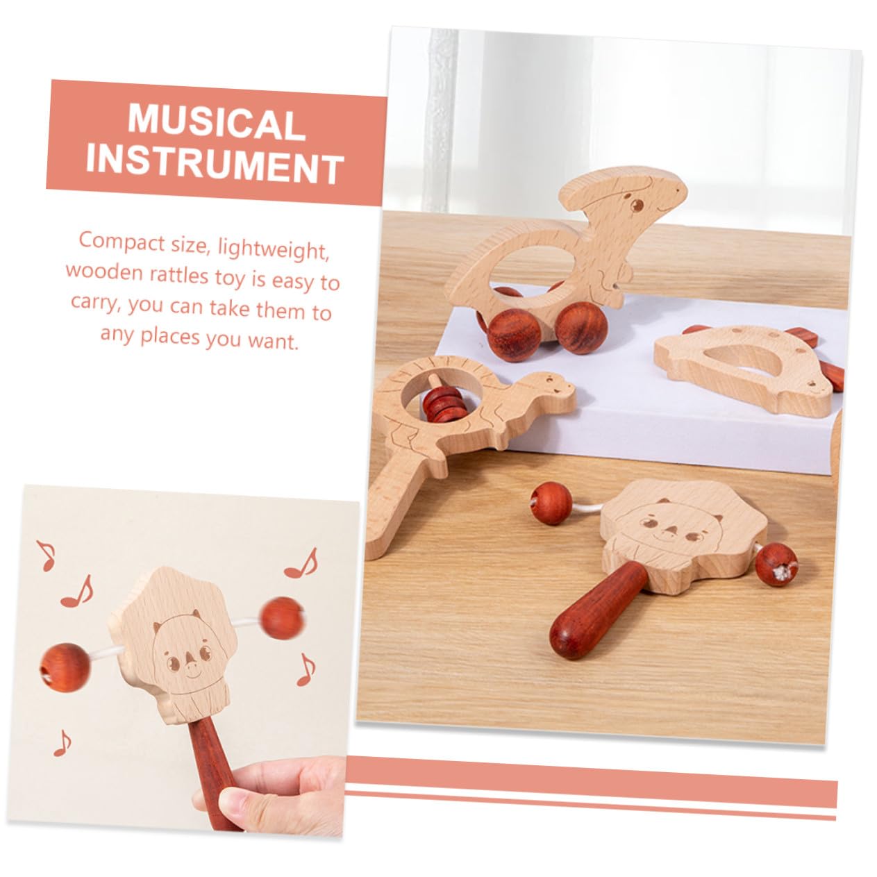 Set 5 Pezzi Sonagli in Materiale Sintetico Beige per Ragazzo Ragazza, Giocattolo Musicale Leggero e Facile da Trasportare per Feste Infantili e Prima Educazione