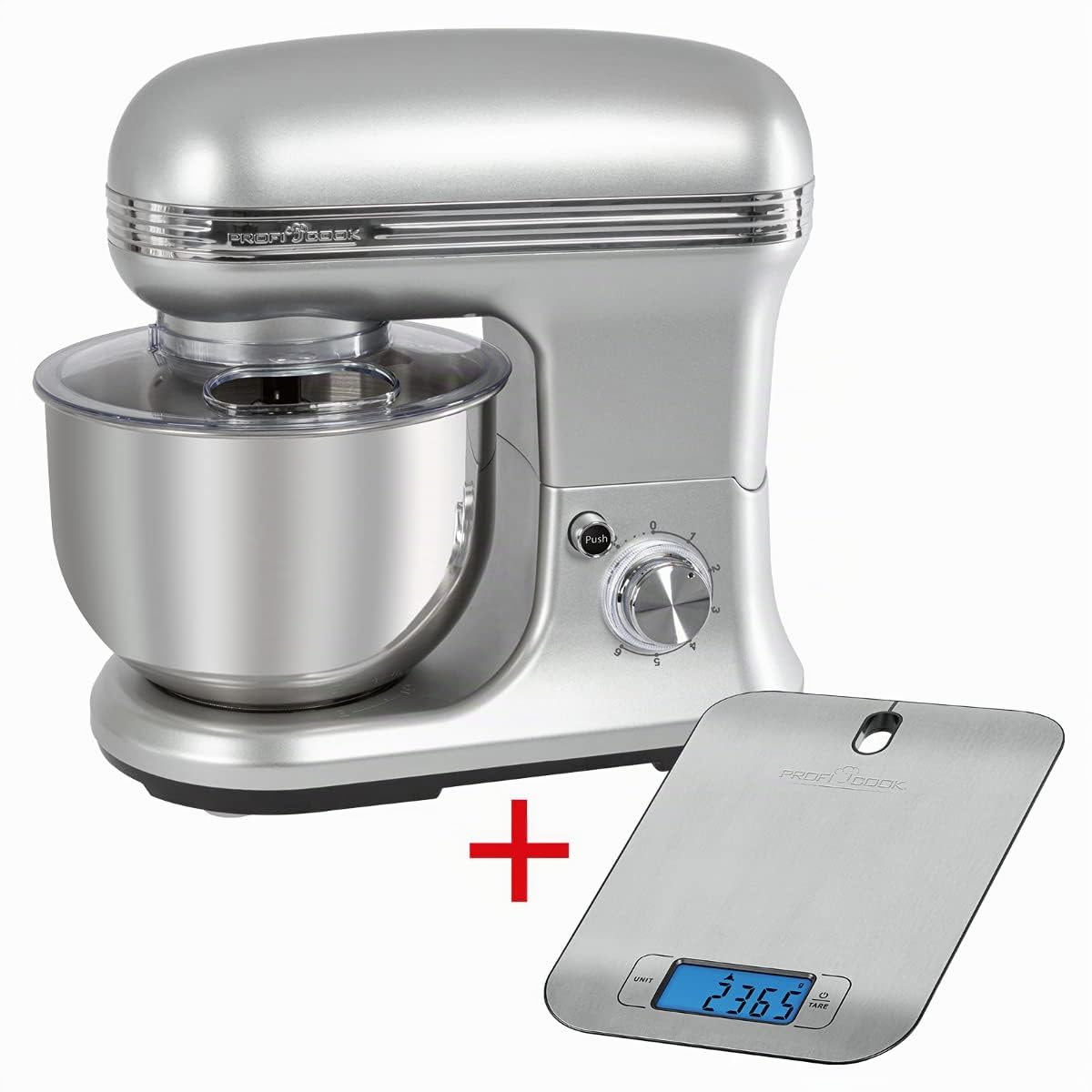 ProfiCook® Knetmaschinen-Set | Knetmaschine und Waage | Spezialgetriebe | 5 Liter | 8 Geschwindigkeitsstufen | 1200 Watt | Messbereich bis 5000 g (in 1 g-Schritten) | Edelstahl | PC-KM 1222 W