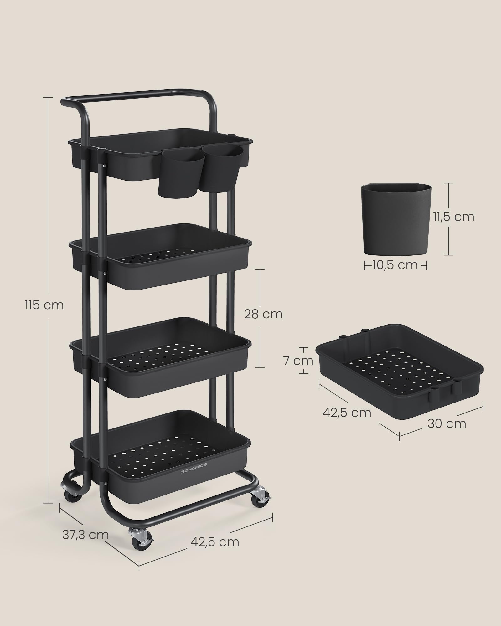 SONGMICS Rollwagen, 4 Ebenen, Servierwagen, Küchenwagen mit Griff, 2