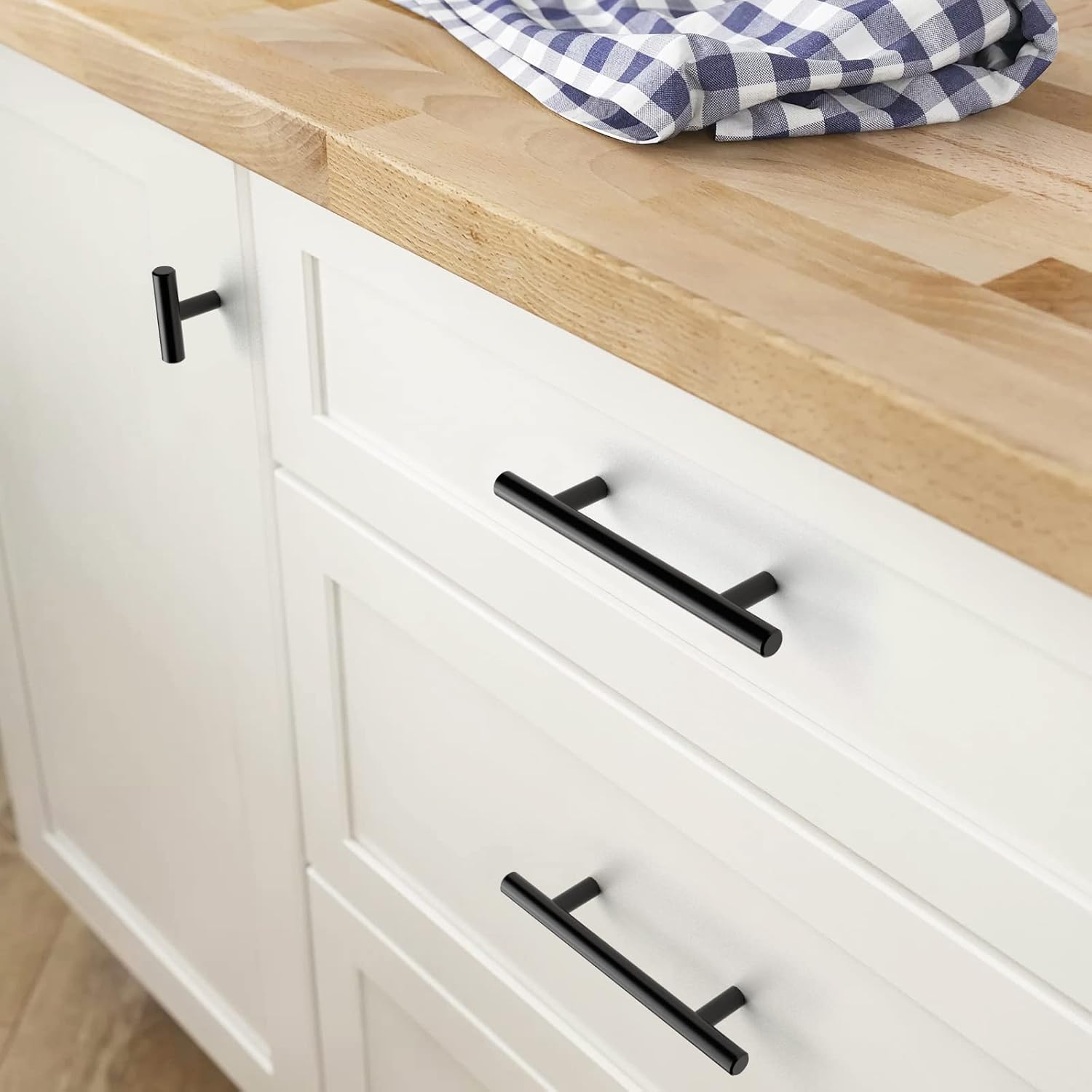 FURNIWARE 15 Pack 5'' T Bar Cabinet Handles, Kitchen Drawer Door Handles Pulls,Stainless Steel,Matt Black-5”Length, 3” Hole Center