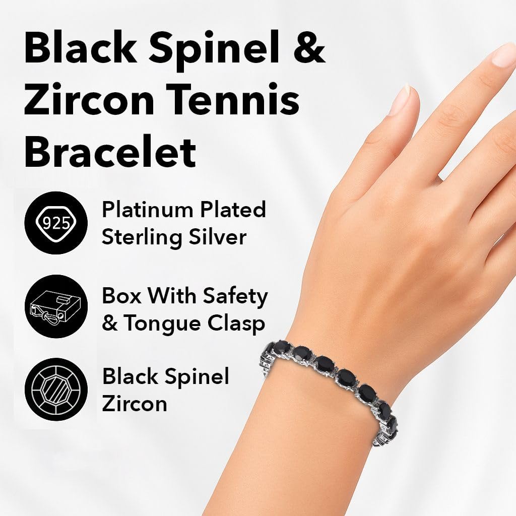 Black Spinel & Zircon 41.15 ctw Tennis Bracelets for Women in 925 Sterling Silver with Platinum Plated Gemstone Birthstone Jewelry Anniversary Birthday Christmas Gifts for Womens - 7.25"