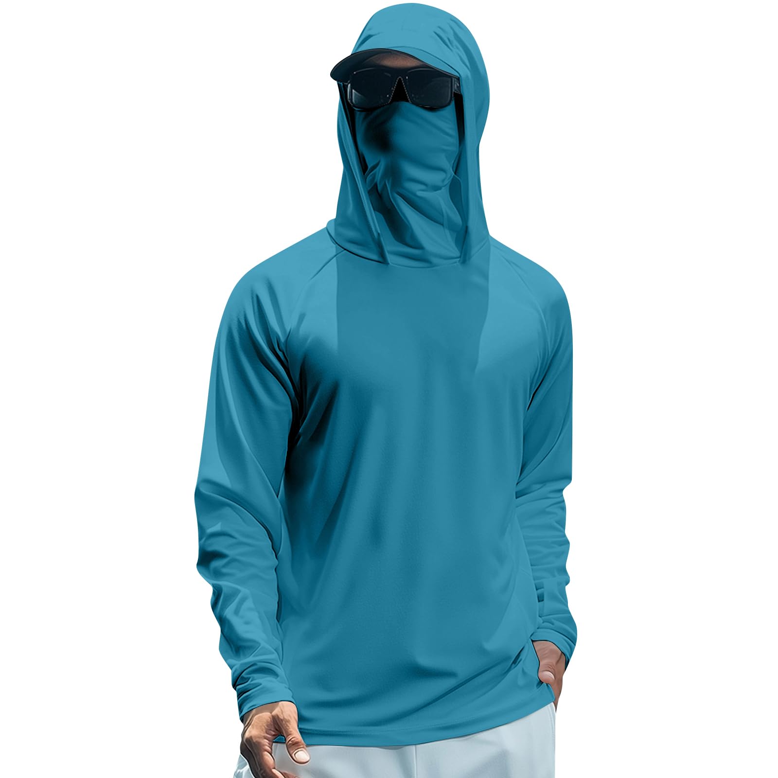 Sun Shirts for Men Long Sleeve Hooded Fishing Shirts UPF 50 Hoodie with Mask Uv Protection Cooling Rash Guard Shirt