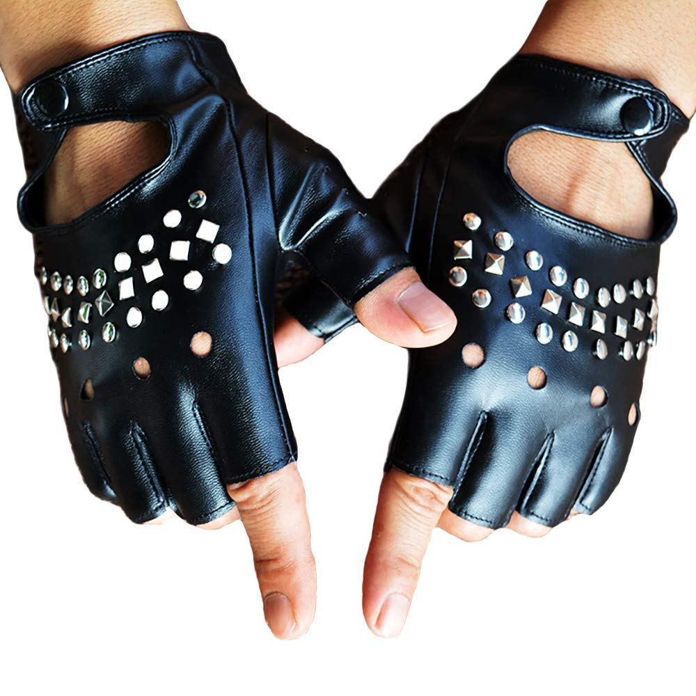 YAIKOAI Men Gothic Fingerless Biker Gloves Punk Rock Half Finger Gloves Cosplay Costume Jazz Style Gloves Driving Leather Performance Gloves Accessory