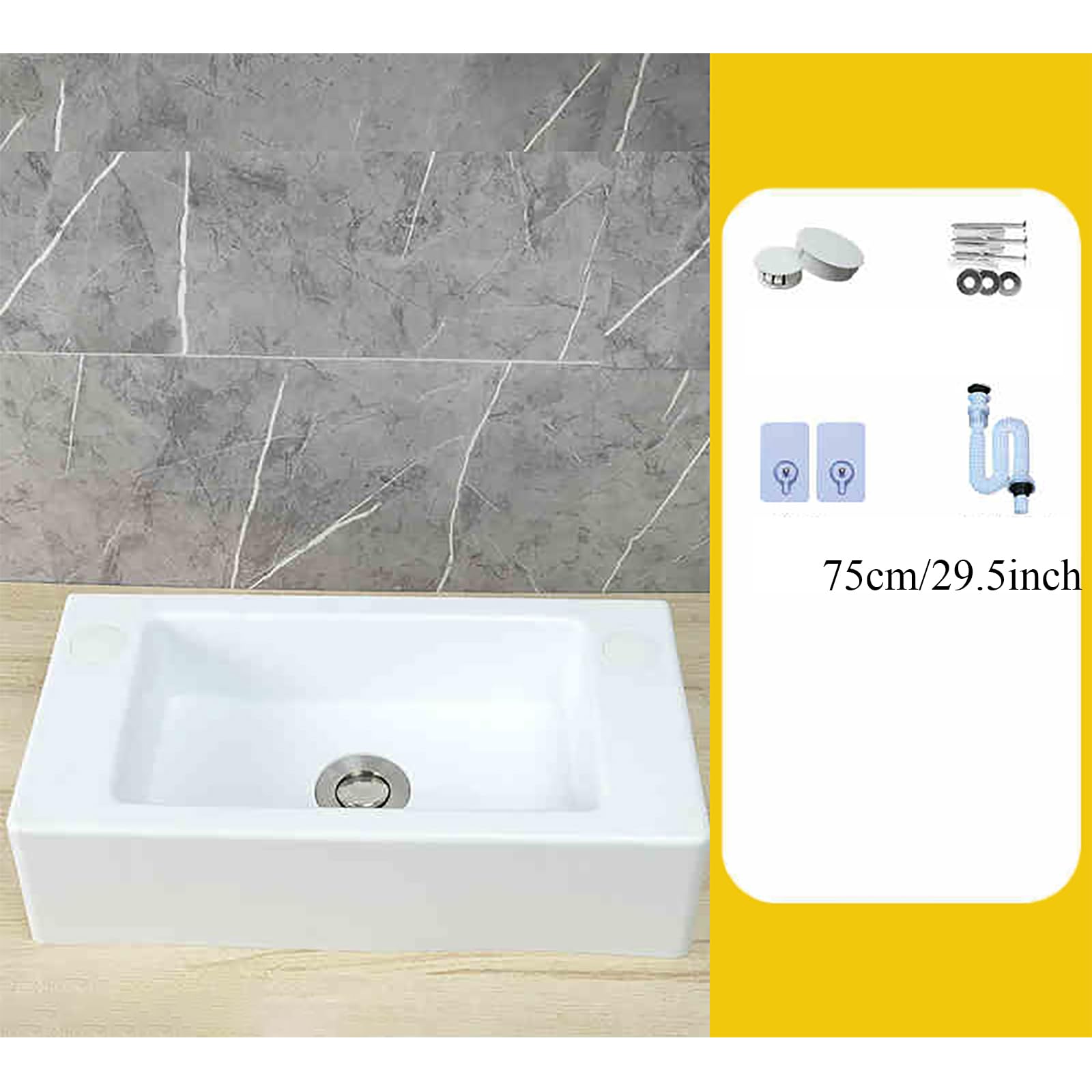 Blanc Lavabo Mural en Résine, 40x20x11cm/16x8x4inch Lavabo Rectangulaire à Suspendre, Lavabo Comptoir | Montage Mural avec Bonde pour Salle de Bain et Les Toilettes 75cm kit de drainage