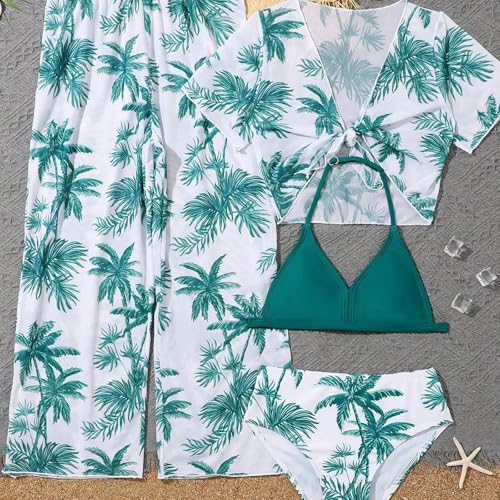 Girl's 4 Piece Swimsuits Tropical Print Halter Bikini Set Kids Bathing Suits with Kimono Cover Up Pants Tops Swimwear2
