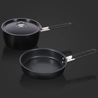 REDCAMP Camping Cookware Mess Kit with Folding Handle, Lightweight Non-Stick Camping Cooking Pot and Frying Pan with Mesh Bag for Outdoor Hiking Backpacking Picnic