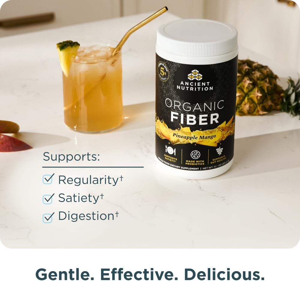 Ancient Nutrition Organic Fiber Powder, Pineapple Mango, Soluble Fiber from Acacia & Konjac Root, Supports Digestive Health, Reduces Bloating, 13.5 oz