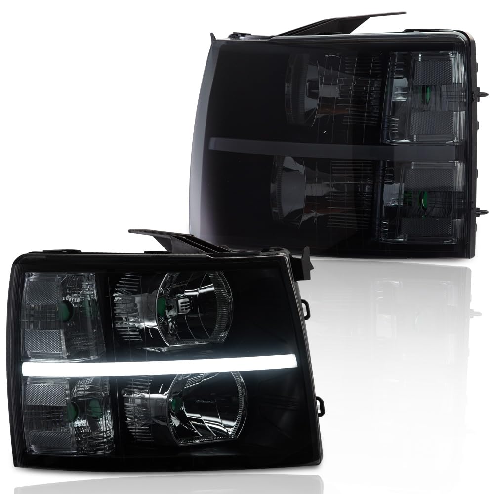 G-PLUS LED DRL Headlights, Compatible with 2007-2014 Chevy Silverado 2500 3500 & HD/Fit 2007-2013 Chevy Silverado 1500 Bumper Headlamp, Smoky lens Black Housing Clear Reflector