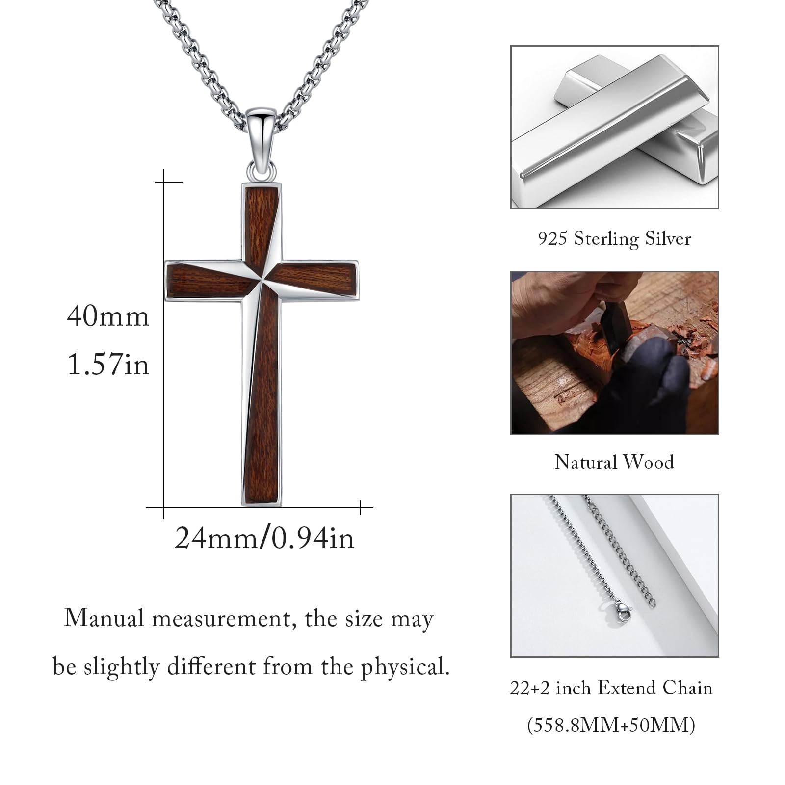 REDSUN Collana in argento Sterling S925 con ciondolo a forma di croce in ebano, amuleto protettivo, gioiello per uomini e donne, catena in acciaio inox da 56 cm + 5 cm, 40*24mm, Argento sterling