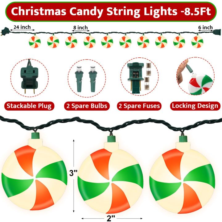 8.5Ft Christmas Candy String Lights with 10 LED Red and Green Lights for Indoor and Outdoor Decorations
