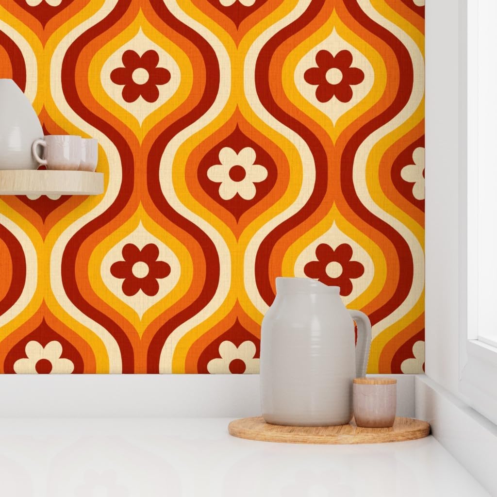 Spoonflower Peel & Stick Wallpaper 3ft x 2ft - 70S Groovy Daisy Ogee Yellow Flowers Red Retro Orange Geometric Custom Removable Wallpaper