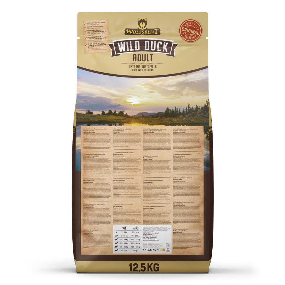 WOLFSBLUT – Wild Duck Adult | Trockenfutter mit natürlichen Zutaten und Superfoods für ausgewachsene Hunde. Getreidefreies Alleinfutter ohne Zusatzstoffe im Beutel | 12,5kg Ente
