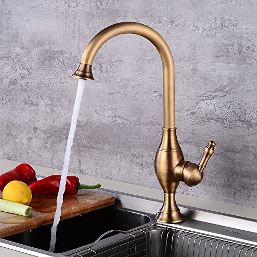 T-TSLT Grifo de la cocina, cobre, antiguo, de agua fría y caliente, grifo del fregadero, grifo monomando, con un orificio, grifo de elevación