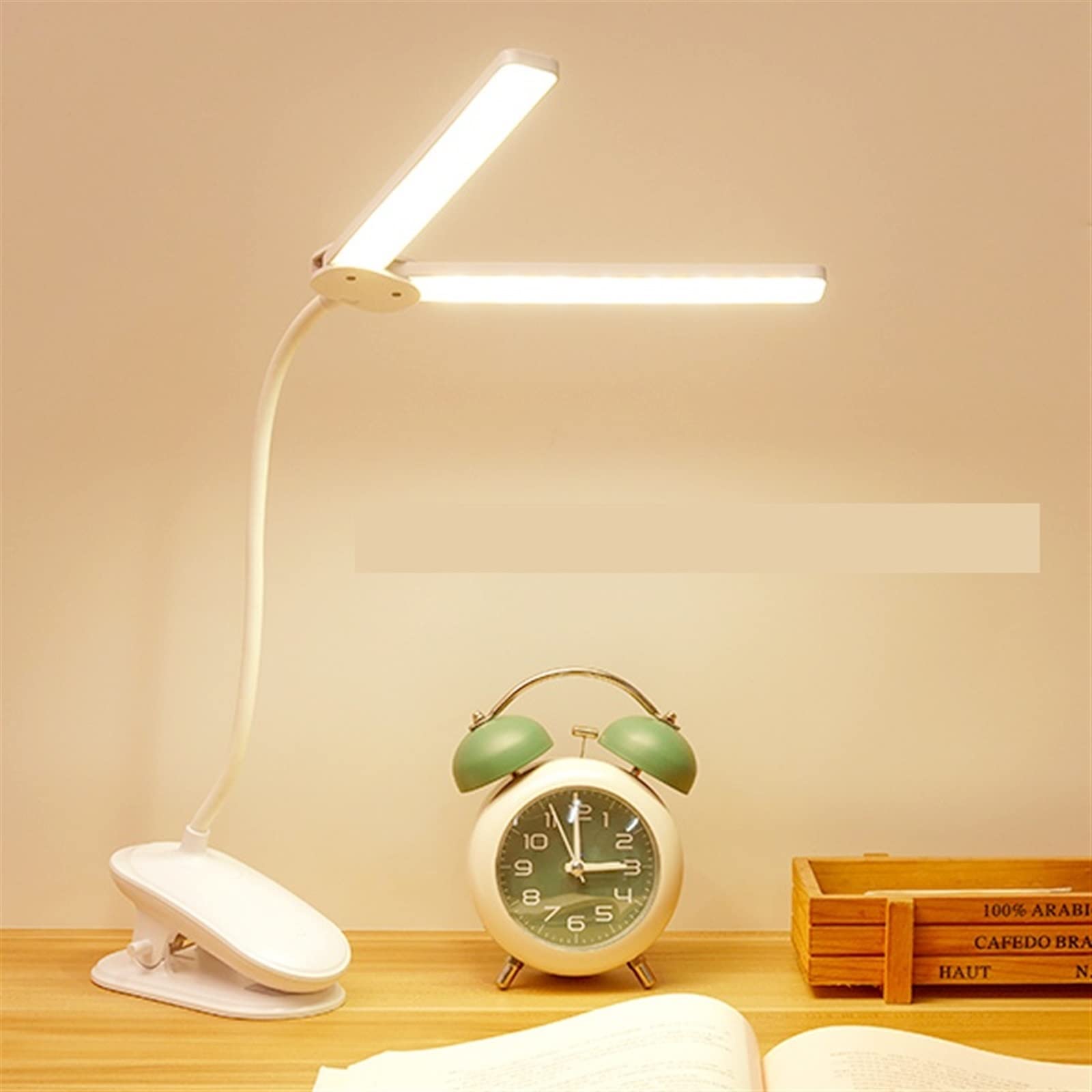Lampada da scrivania a LED, con morsetto a doppia testa con collo d'oca flessibile e dimmerabile touch, ricarica USB a clip, per ufficio e computer