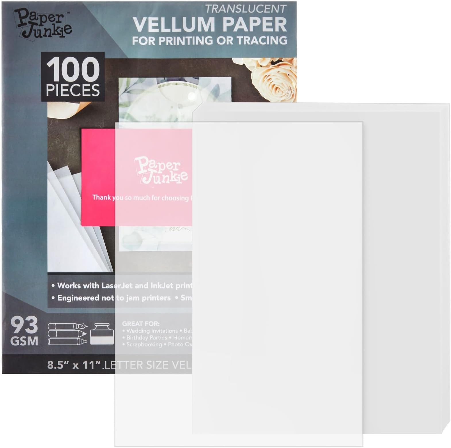 100 Sheets Printable Translucent Vellum Paper, Tracing Paper for Invitation, Sketching, 93gsm (8.5 x 11 in)