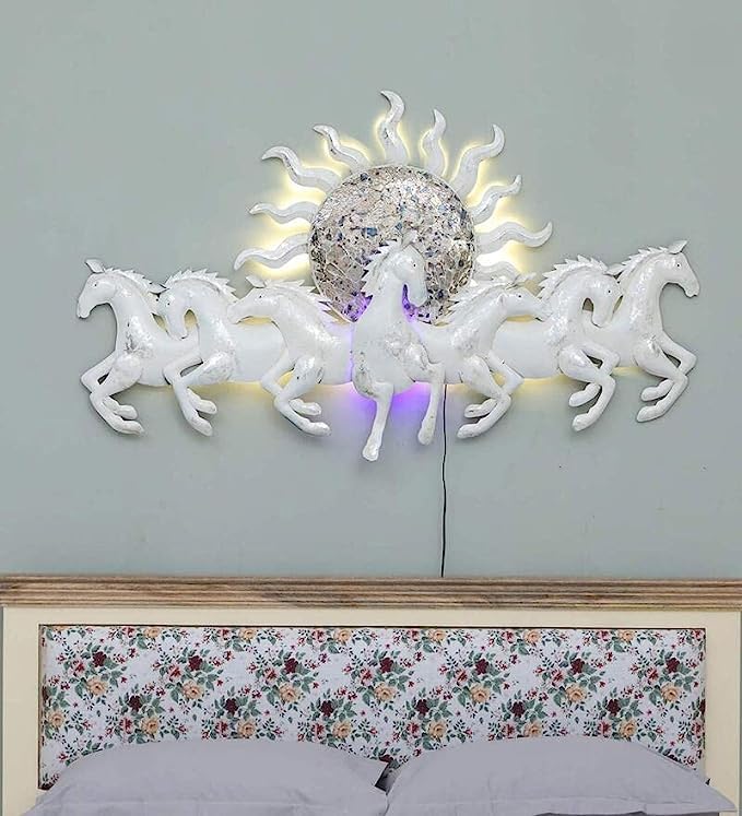 Metal White Seven Running Horses with Sunrise Wall Hanging Decor Living Room 4 Feet (48 * 28 Inches)