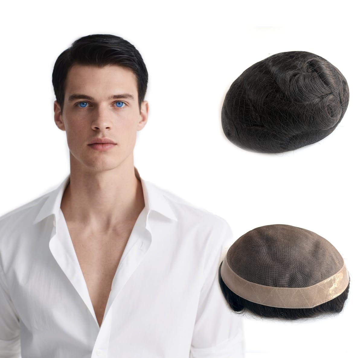 Hywel Toupee for Men with 100% Real Human Hair, Mono Top with Poly Coating Around Cap Mens Wig, Natural Wave Hair Pieces Replacement for Men System